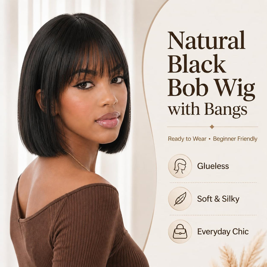 ManeMajesty 12 Inch Straight Lace Front Bob With Bangs Glueless Human Hair Wig - FT-1580M-1 - B0GT7WY45K