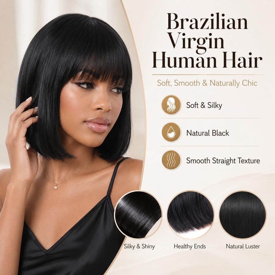 ManeMajesty 12 Inch Straight Lace Front Bob With Bangs Glueless Human Hair Wig - FT-1580M-1 - B0GT7WY45K