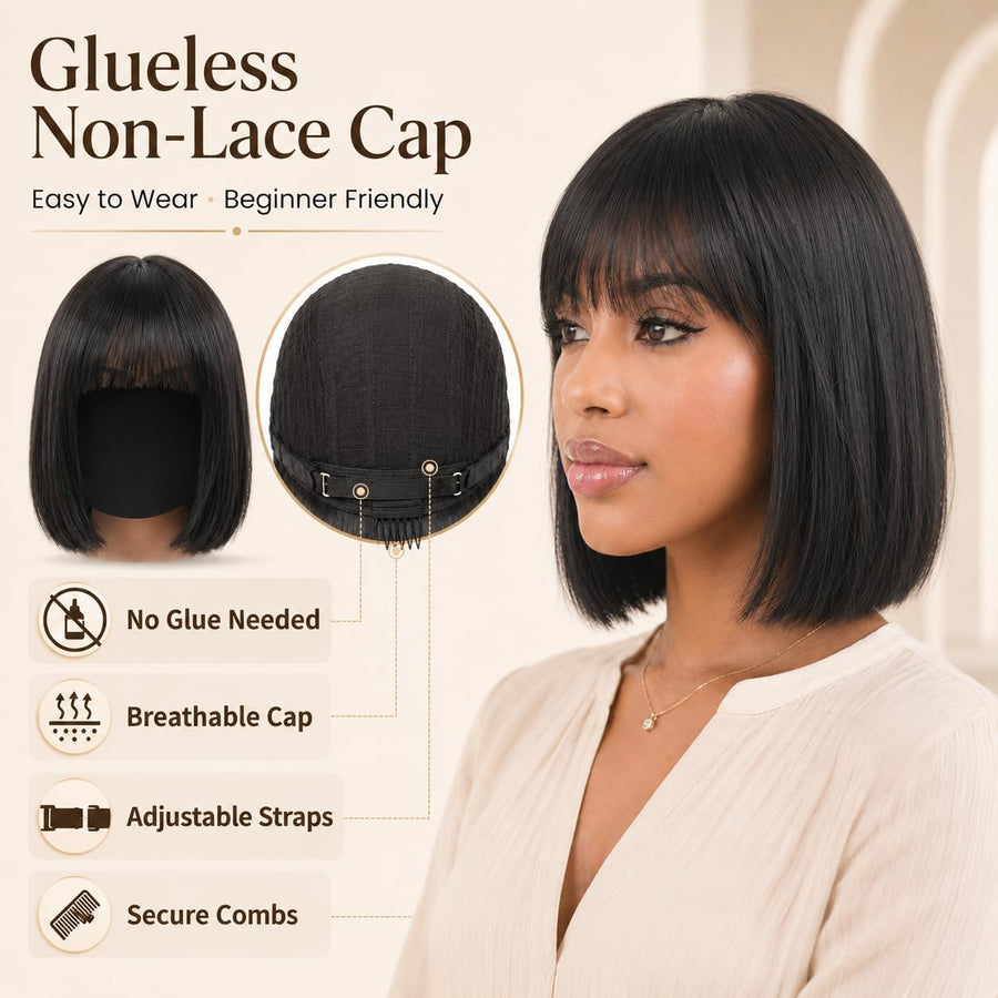 ManeMajesty 12 Inch Straight Lace Front Bob With Bangs Glueless Human Hair Wig - FT-1580M-1 - B0GT7WY45K