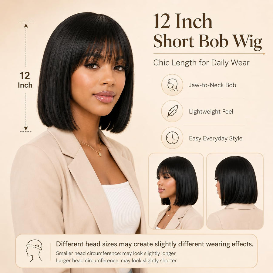 ManeMajesty 12 Inch Straight Lace Front Bob With Bangs Glueless Human Hair Wig - FT-1580M-1 - B0GT7WY45K